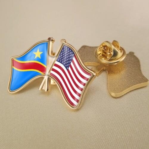 Congo Democratic Republic and United States Crossed Double Friendship Flags Lapel Pins Brooch Badges