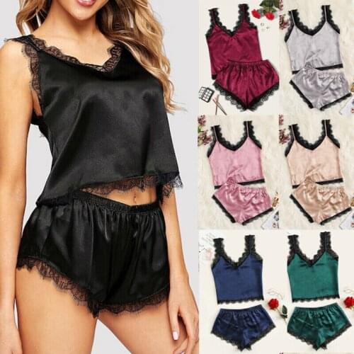 2pcs/set Women Sexy Eyelash Satin Lace Sleepwear V neck Babydoll Lingerie Nightdress Pajamas Set