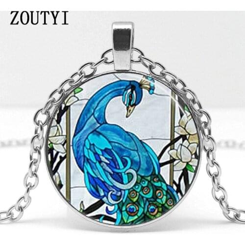 2018/ hot sale, floral beauty peacock pattern glass pendant necklace, wear pendant necklace jewelry