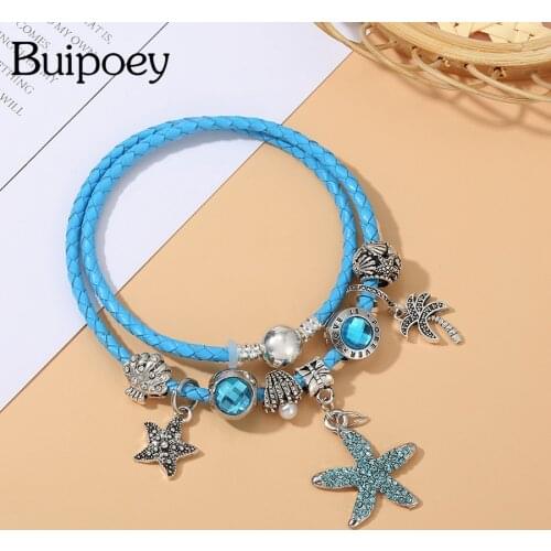 Bohemia Ocean Style Leather Bracelets For Women Men Scallop Crystal Beads Starfish Pendant Tree Charm Bracelet Boy Girls Gifts