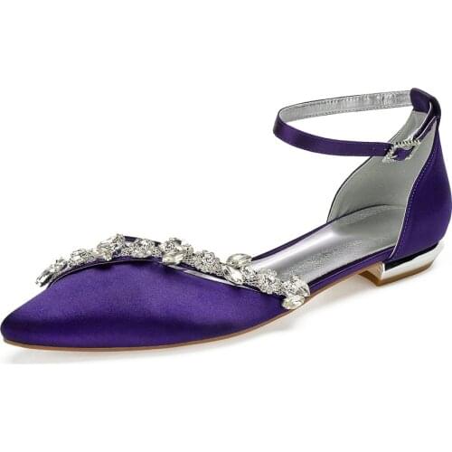 Comfort Flat Satin Women Wedding Shoes Rhinestones Pointed Toe Ankle Buckle Strap Formal Party Dress Pumps