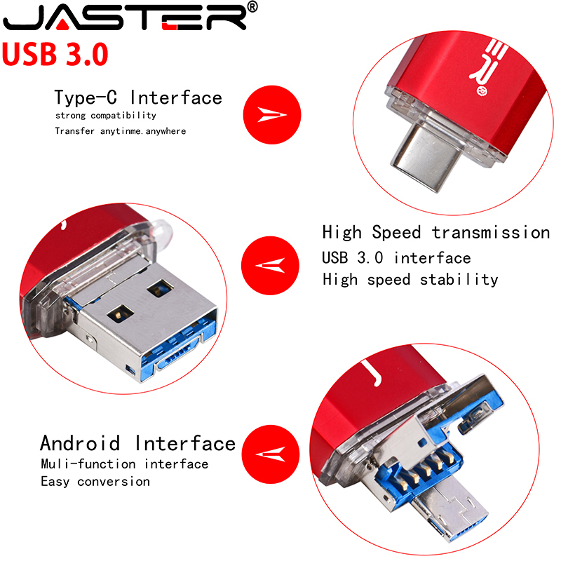 JASTER usb3.0 3 in 1 color OTG USB flash drive 16GB 32GB Pendrive 4GB 6GB 64GB U disk USB flash drive for PC / Android phone