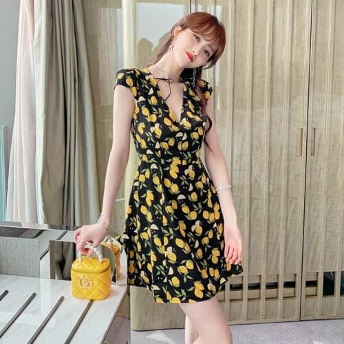 Fashion Summer Vintage V-Neck Short Sleeves Mini Party Dress Ladies Elegant Streetwear Casual Hollow Print Beach Short Dress