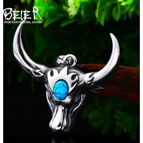 BEIER 316l stainless steel Animal Cattle Pendant Necklace With Stone Vintage jewelry for man Hollowen gift BP8-043