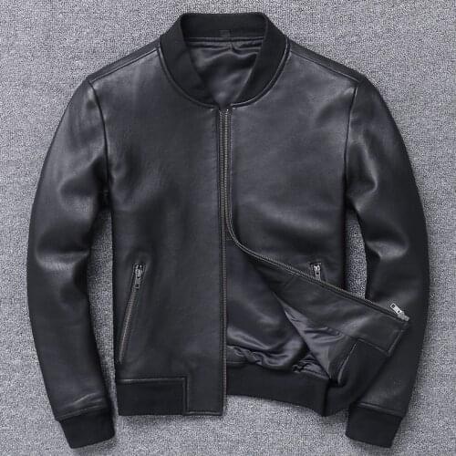 Genuine Autumn Large Size Aviation Flight Pilot Leather Real Sheepskin Men Bomber Jacket Slim Black Aviator Coats