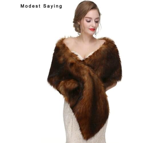 New 2017 Brown Faux Fur Wedding Wraps Fashion Formal Bridal Fur Shrugs women Winter Fur Shawls Warm Long Hair Wedding Boleros