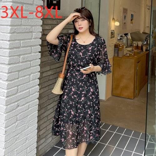 New 2021 Ladies Summer Plus Size Long Dress For Women Large Short Sleeve Loose Floral Flower Chiffon Dress 4XL 5XL 6XL 7XL 8XL