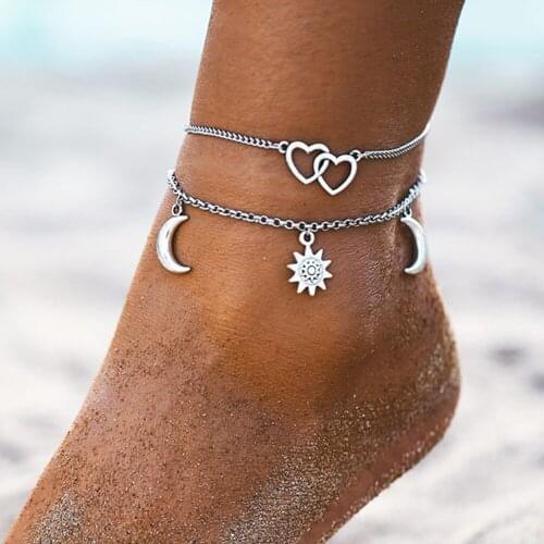 New Boho Trendy Anklets For Women Fashion Simple Silver Chain Heart Sun Moon Leg Foot Jewelry Alloy Anklets Link Chain Anklets