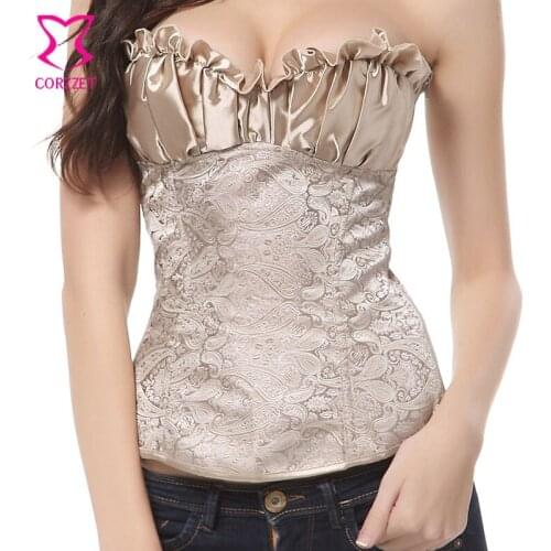 Ruffles Brocade Satin Sexy Gothic Corset Top Steam Punk Overbust Corselet Steel Boned Corsets and Bustiers Plus Size For Women