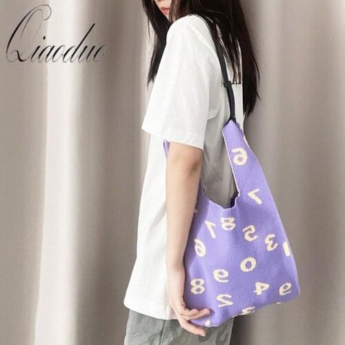 Qiaoduo Female Letter Woolen Knitted Shoulder Wrist Bags Vintage Chic Big Capacity Tote Handbag Ladies Casual Leather Straps