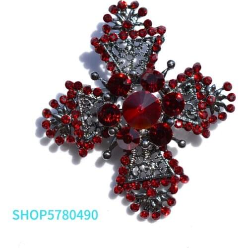 Rhinestone Vintage Cross Brooches for Women Religious Brooch Red Color Breast Pin Lady Party Dress Accessories Classic Jewelry