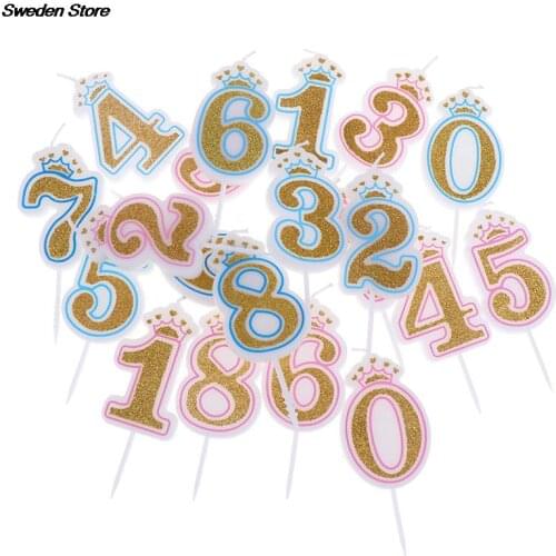 1Pcs Shinning Gold Pink/Blue Happy Birthday Number Candles 0-9 For Kids Adult Girls Birthday Party Crown Candles Cake New