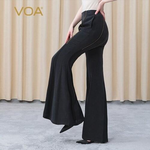 VOA 100% Silk Heavy 30M/m Black Trouser Line Strip Decoration Side Pocket Business Commuter Long Flare Pants Women fashion KE326