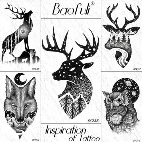 BAOFULI Elk Moose Antlers Forest Temporary Tattoo Sticker Body Art Arm Fake Tattoos Black Winter Snow Women Men Waterproof Tatoo