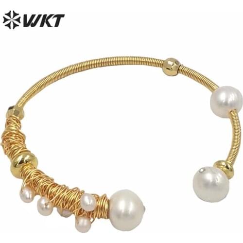 WT-B511 Exclusive high populared natural fresh water pearl bangle in wire wrapped for lady birthday bangle