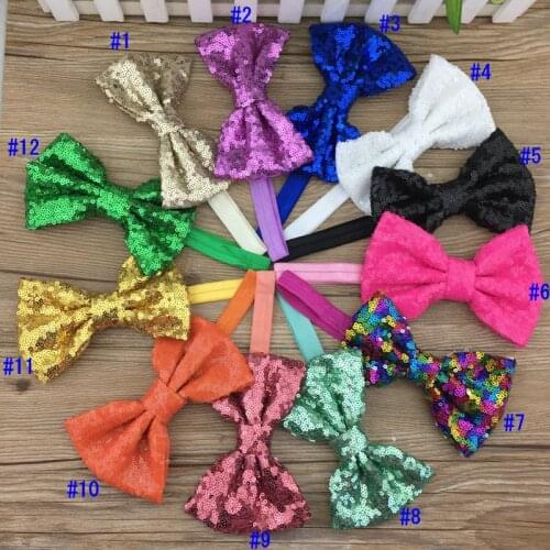 XIMA 5'' Embroidered Sequin Bows Elastic Headband Kids Sequin Bows Hairbands Hair Accessories 25pcs/lot