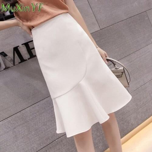 Office Lady Mermaid Skirts 2021 Spring Summer Graceful Ruffles Midi Length Black Trumpet Dress Women New Solid Wrap Hip Skirt