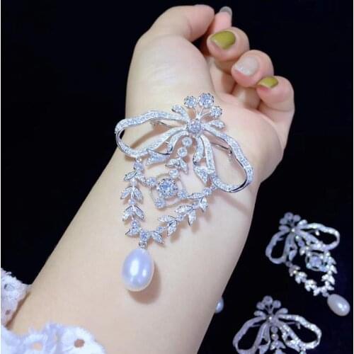 Vintage victoria palace natural fresh water pearl brooch 925 sterling silver with cubic zircon fine women jewelry bowknot