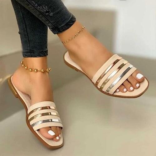 Ladies Slippers Beach Shoes Women Slip On Bling Gold Flat Slides Outdoor Comfort Slipper Female Casual Sandals Plus Size 35-43