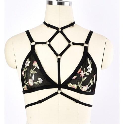 BODY HARNESS Sexy Black Harness Bra Women Lingerie Lace Embroidery Floral Strappy Unpadded Bra Wirefree Top Bondage Bralette
