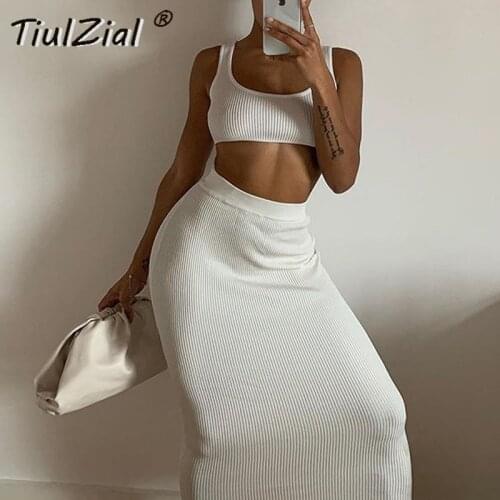 TiulZial Women Set Ribbed Knitting Tank Top And Midi Skirt Sleeveless Sexy Club Dress High Waist Summer Dress 2 Piece One Suit