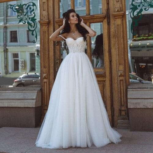 Elegant A-Line Wedding Dress Sweetheart Spagetti Straps Lace Pearl Bridal Gown Tulles Brides Dress Vestido de novia