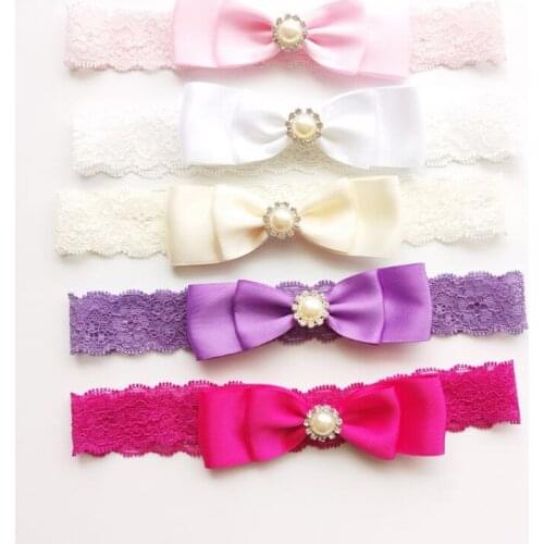 20 pcs/lot, Double Layered Satin Bow with Pearl Rhinestone Lace Headband, Satin Bow Lace Headband You Choose Color