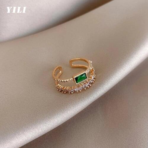 2021 Luxury Green Crystal Open Rings Fashion Adjustable Double-Layer Opening Ring for Girls anniversary Party Woman Jewelry