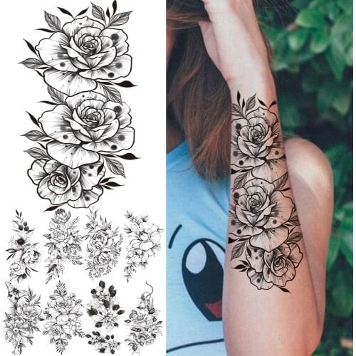 3D Mehndi Flower Temporary Tattoo Stickers For Women Girl Rose Peony Dahlia Realistic Fake Tattoos Fashion Washable Tattos Decal