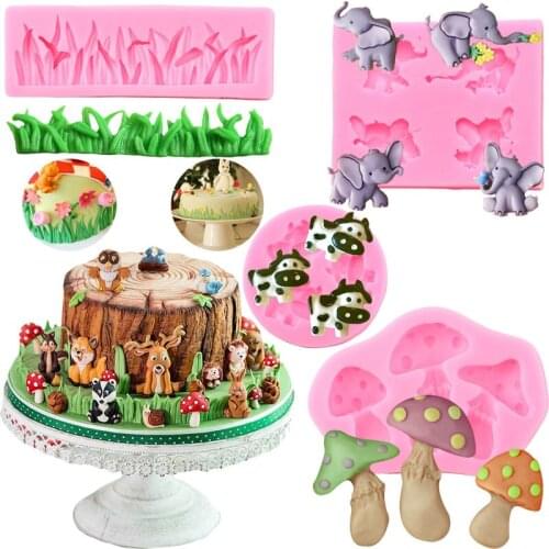 3D Animal Series Cake Border Mold Baby Birthday Elephant Deer Mushroom Grass Fondant Cake Decorating Tools Candy Chocolate Molds