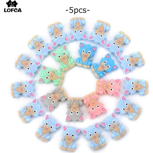 LOFCA 5pcs Cat Silicone Beads BPA Free Food Grade Baby Animal Silicone Teething Baby Care Pacifier Chain Gift DIY Beads Toys