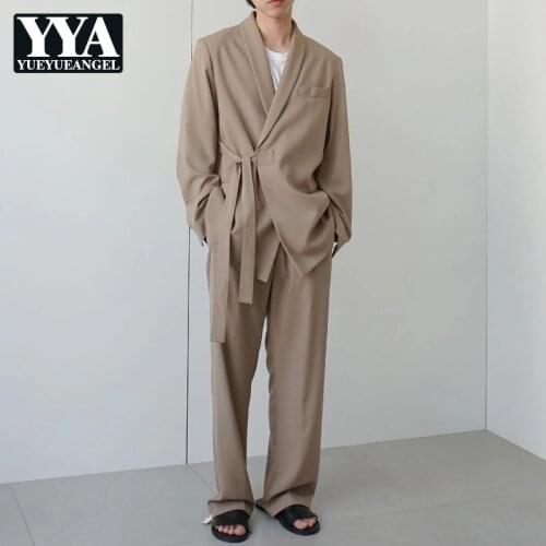 Harajuku Desinger Brand New Side Belt Mens Casual Blazers Autumn Long Sleeve Solid Loose Fit Male Outerwear Coats Streetwear