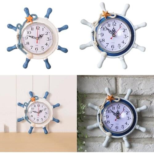Mediterranean Style Wooden Wall Clock Nautical Ship Boat Steering Wheel Pattern Home Cafe Pub Bar Decor Wall Clock Ornaments