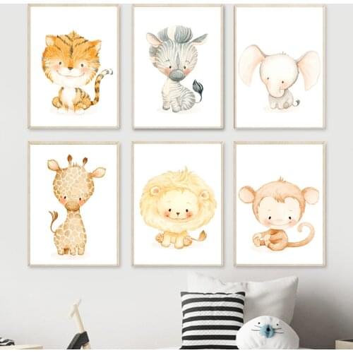 Watercolor Elephant Zebra Giraffe Tiger Lion Wall Art Canvas Painting Nordic Posters And Prints Wall Pictures Kids Room Decor