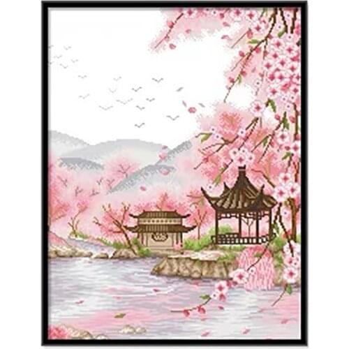 Elegant Spring Flowers Landscape Lake of Peach Blossoms Stamped Cross Stitch Kit Embroidery Needlework Set