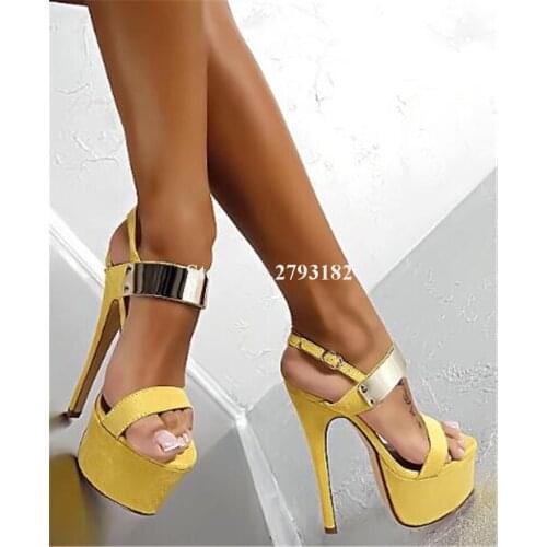 Brand Design Women Fashion Open Toe Suede Leather High Platform Sandals Gold Metal Ankle Strap High Heel Sandals Club Shoes