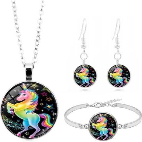 Rainbow Unicorn Cabochon Glass Necklace Stud Earring Bracelet Bangle Set Totally 4Pcs Jewelry Set for Womens Fashion Gifts