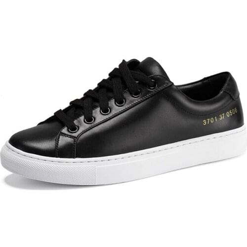 Genuine Cow Leather Shoes Women Lace up White Casual Sneakers Round Toe Low Heel Fashion Autumn Female Flats Black Nude