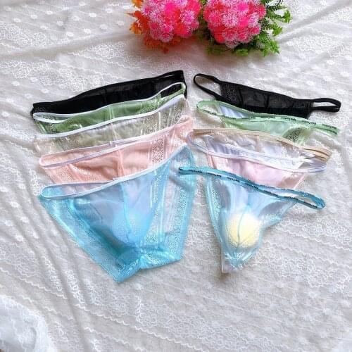 Fashion Sexy Sexy Lace Mesh Temptation Mens Bag T-Back Transparent Nude Feel Filthy Man plus Size Briefs