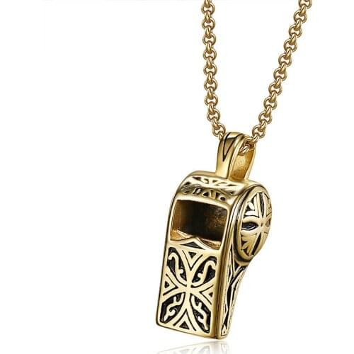Fashion Gold tone vintage carving whistle pendant necklaces for men stainless steel chain party punk accessories rock cool gift