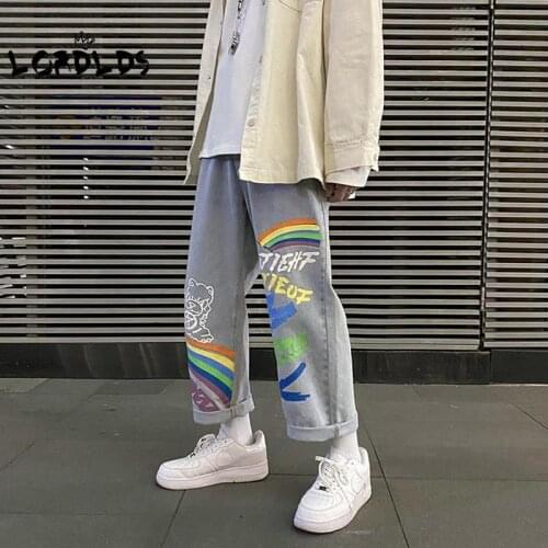 LORDLDS Men Blue Denim Jeans Fashion Rainbow Print Loose Style Clothing Black Ankle-length Streetwear Pants Hip Hop Trousers