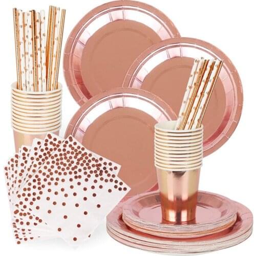 Rose Gold Party Disposable Tableware Set Party Table Decoration Paper Cups Plates Straws Wedding Birthday Party Supplies