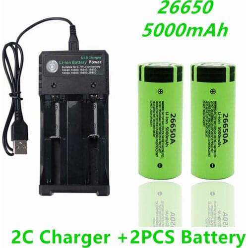 Original High Quality 26650 Battery 5000mAh 3.7V 50A Lithium Ion Rechargeable Battery For 26650A LED Flashlight + 18650 Charger