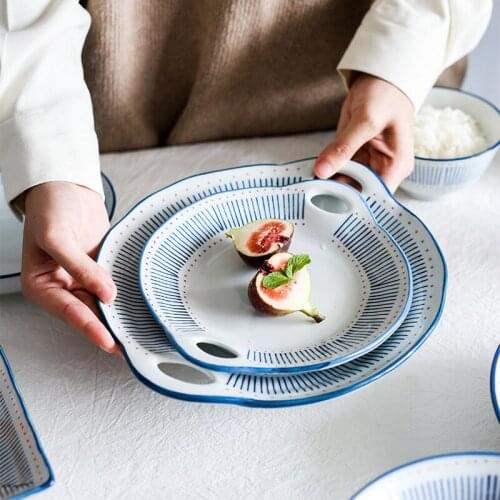 Chinese Cuisine Dinnerware Ceramic Dinner Dishes Noodle Pasta Plate Blue Strip Dinner Plate with Handle
