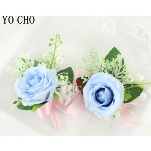 Wedding Boutonniere Pink Ribbon Rose Corsage Wrist Groom Mariage Homme Brooch Flower Bracelet Bridesmaids Artificial Rose