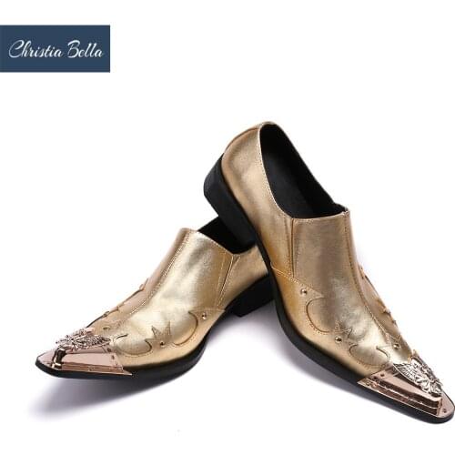 Christia Bella Men Dress Shoes Gold Leather Gentleman Party Business Classic Suit Shoes Metal Tip Wedding Party Shoes for Men