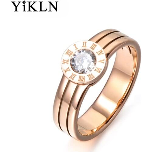YiKLN Classic Roman Numeral Pattern Single Round Shape CZ Crystal Stylish Titanium Steel Anniversary Wedding Women Rings YR17062