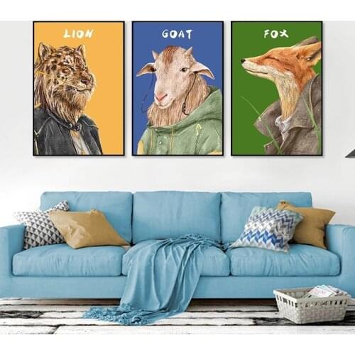 Funny Animals Canvas Painting Lion Fox Goat With Clothing Nordic Vintage Style Wall Art Posters and Prints for Living Room Decor