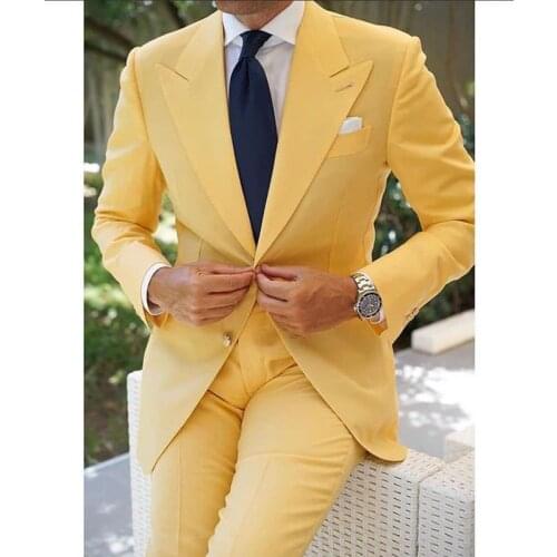 Yellow Prom Men Suits Slim Fit Peaked Lapel Wedding Groom Tuxedos Latest Design Fashion 2 Piece Jacket with Pants 2021