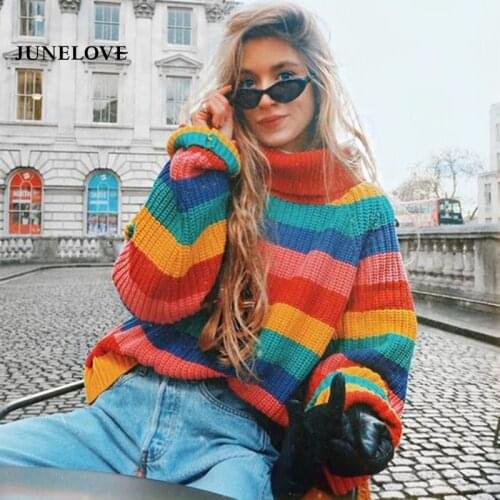 JuneLove Rainbow turtleneck sweaters women winter jumpers knitted street fashion striped oversized pullover female loose tops